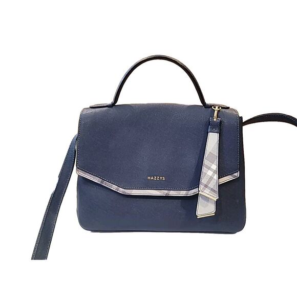 Hazzys Crossbody Satchel Bag Blue With Tan Plaid - Picture 1 of 10